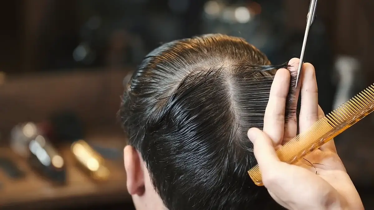 A hairdresser trimming a client's hair with comb and scissors, seen from behind.