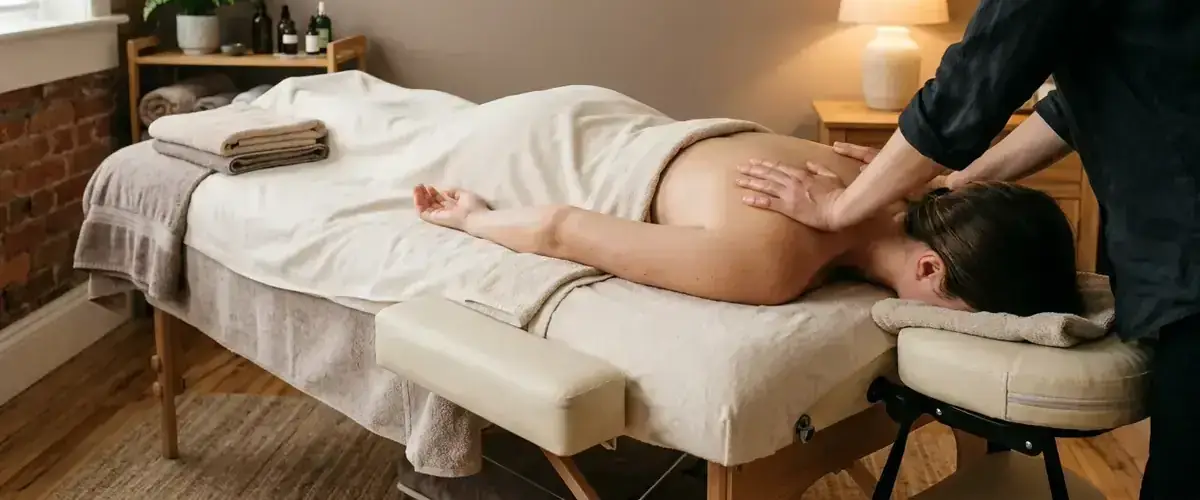 A massage therapist working on a client's shoulders in a warm, quiet room.